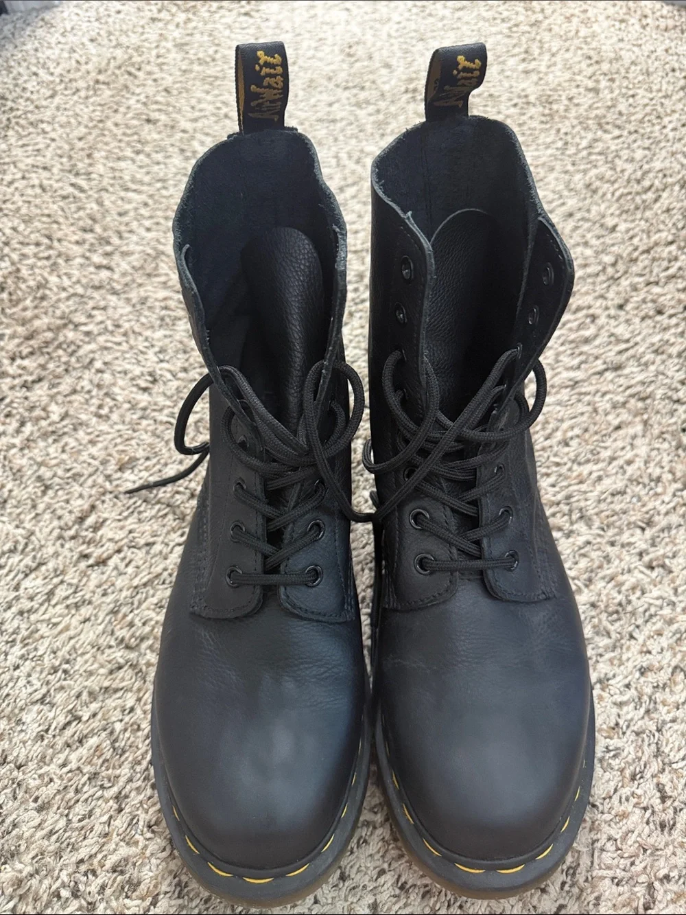 Dr. Martens Men's Black Leather Boots with Yellow Stitching